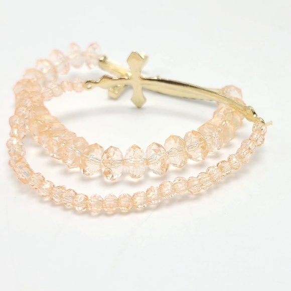 Faceted Champayne Beaded Cross Bracelet Set with Rhinestones and gold accent - Picture 3 of 4